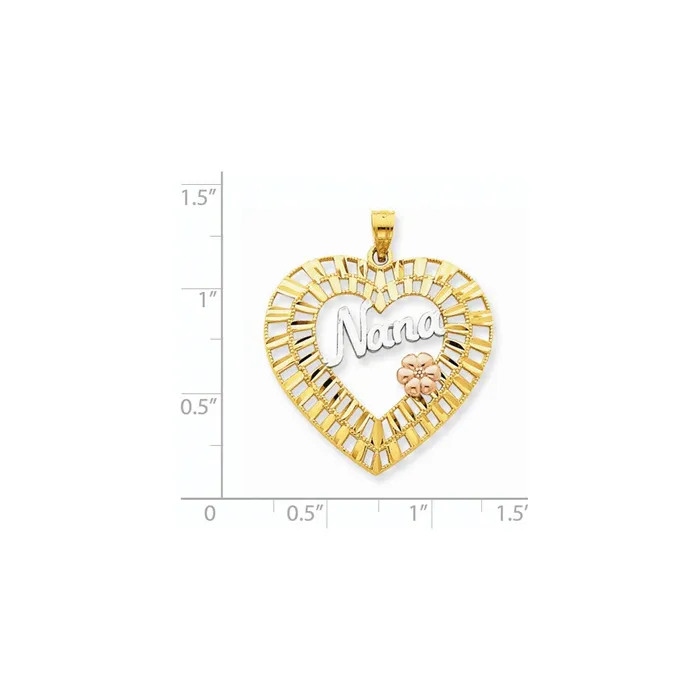 14k TriColor Yellow Rose Gold wRhodium Diamondcut Nana Heart Pendant Goldia Necklaces