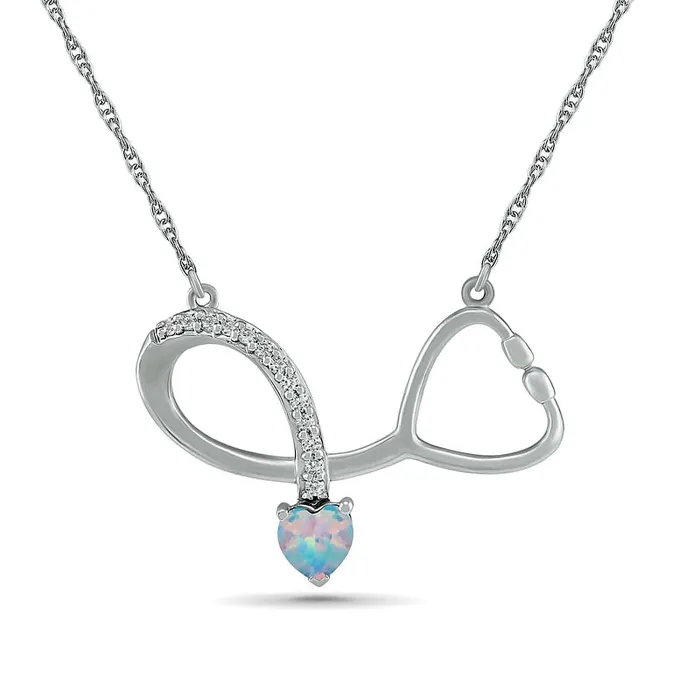 40mm HeartShaped LabCreated Opal and White Sapphire Loop Stethoscope Necklace in Sterling Silver Goldia Necklaces