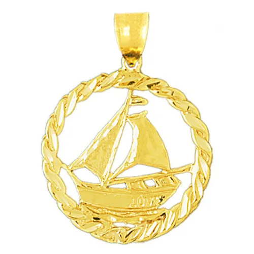 Goldia Necklaces 14K Gold Sailboat In Rope Frame Ship Wheel Pendant