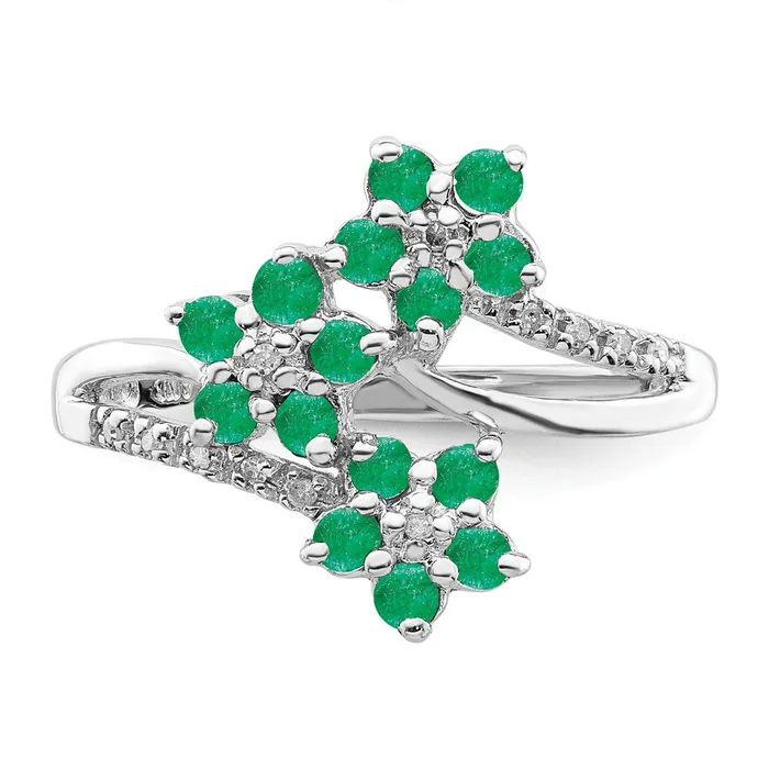 Goldia Rings Sterling Silver Rhodiumplated 3 Flower Emerald and Diamond Ring