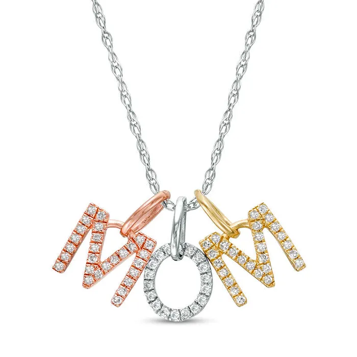 Necklaces Goldia 017 CT TW Natural Diamond Block Letters MOM Pendant in 10K TriTone Gold Necklaces Goldia 017 CT TW Natural Diamond Block Letters MOM Pendant in 10K TriTone Gold
