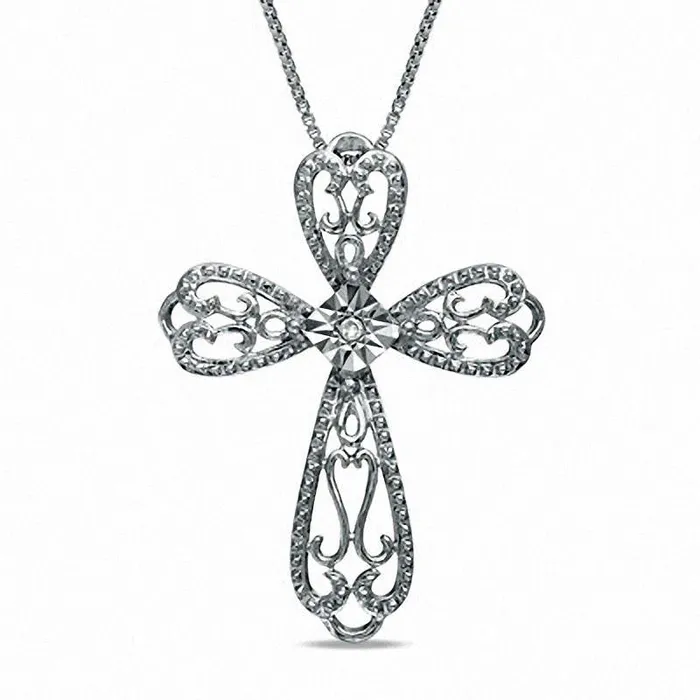 Necklaces Natural Diamond Accent Lacy Cross Pendant in Sterling Silver Goldia Necklaces Natural Diamond Accent Lacy Cross Pendant in Sterling Silver Goldia