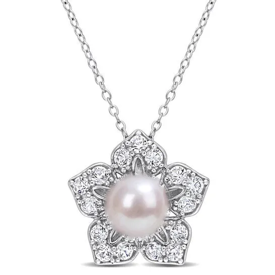 Necklaces Original AMOUR 89mm White Freshwater Cultured Pearl and 1 13CT TGW Created White Sapphire Flower Pendant with Chain In Sterling Silver JMS always Necklaces Original AMOUR 89mm White Freshwater Cultured Pearl and 1 13CT TGW Created White Sapphire Flower Pendant with Chain In Sterling Silver JMS always