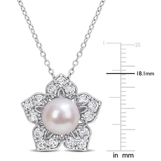 Necklaces Original AMOUR 89mm White Freshwater Cultured Pearl and 1 13CT TGW Created White Sapphire Flower Pendant with Chain In Sterling Silver JMS always Necklaces Original AMOUR 89mm White Freshwater Cultured Pearl and 1 13CT TGW Created White Sapphire Flower Pendant with Chain In Sterling Silver JMS always