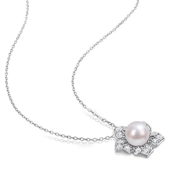 Necklaces Original AMOUR 89mm White Freshwater Cultured Pearl and 1 13CT TGW Created White Sapphire Flower Pendant with Chain In Sterling Silver JMS always Necklaces Original AMOUR 89mm White Freshwater Cultured Pearl and 1 13CT TGW Created White Sapphire Flower Pendant with Chain In Sterling Silver JMS always