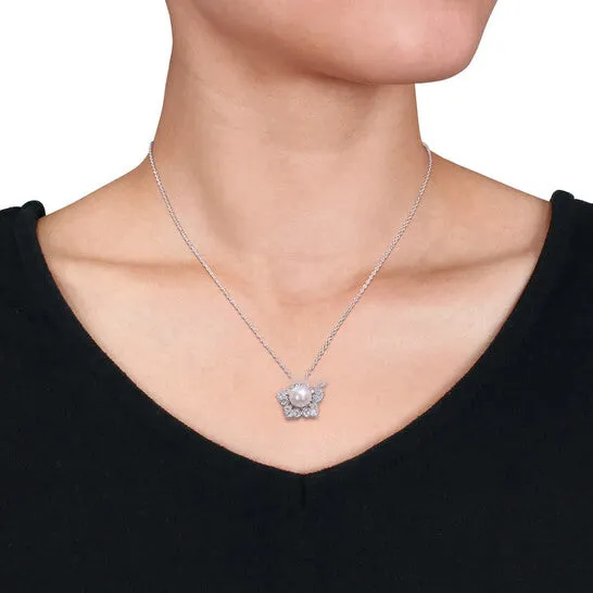 Necklaces Original AMOUR 89mm White Freshwater Cultured Pearl and 1 13CT TGW Created White Sapphire Flower Pendant with Chain In Sterling Silver JMS always Necklaces Original AMOUR 89mm White Freshwater Cultured Pearl and 1 13CT TGW Created White Sapphire Flower Pendant with Chain In Sterling Silver JMS always
