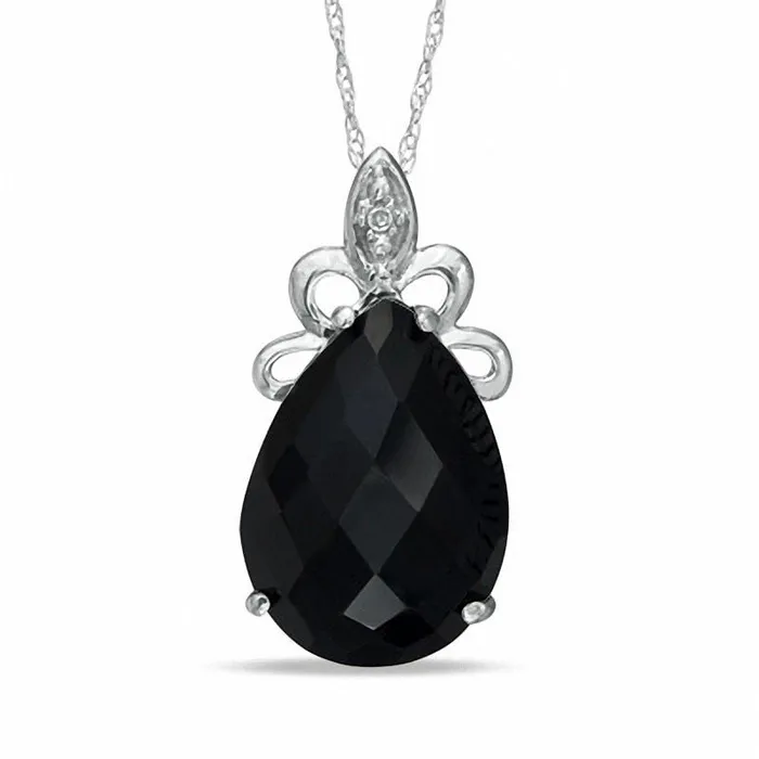 PearShaped Onyx and Natural Diamond Accent Pendant in 10K White Gold Goldia Necklaces PearShaped Onyx and Natural Diamond Accent Pendant in 10K White Gold Goldia Necklaces