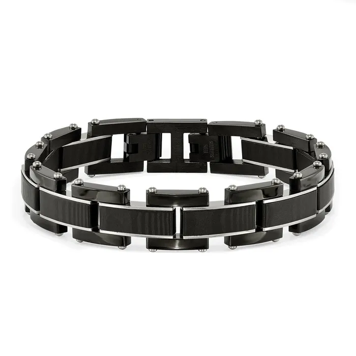 Bracelets TreasureFineJewelers Chisel Stainless Steel Polished Black IPplated with Solid Black Carbon Fiber 85 inch Link Bracelet