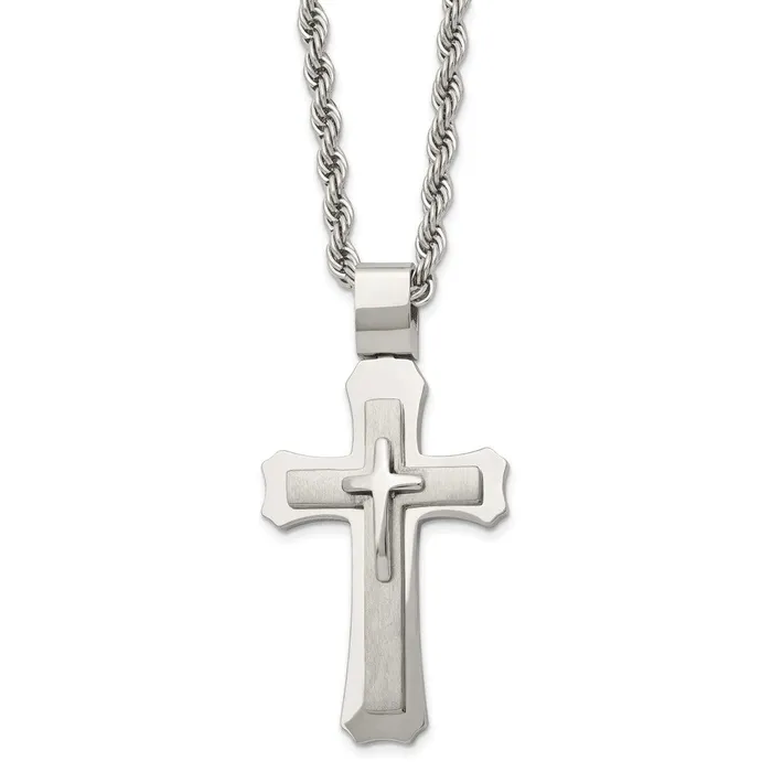 Chisel Stainless Steel Brushed and Polished Triple Layer Cross Pendant on a 24 inch Rope Chain Necklace TreasureFineJewelers Necklaces Chisel Stainless Steel Brushed and Polished Triple Layer Cross Pendant on a 24 inch Rope Chain Necklace TreasureFineJewelers Necklaces