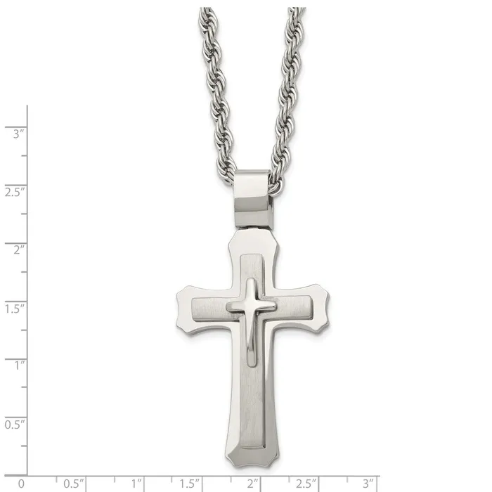 Chisel Stainless Steel Brushed and Polished Triple Layer Cross Pendant on a 24 inch Rope Chain Necklace TreasureFineJewelers Necklaces