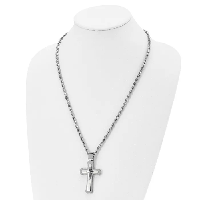 Chisel Stainless Steel Brushed and Polished Triple Layer Cross Pendant on a 24 inch Rope Chain Necklace TreasureFineJewelers Necklaces