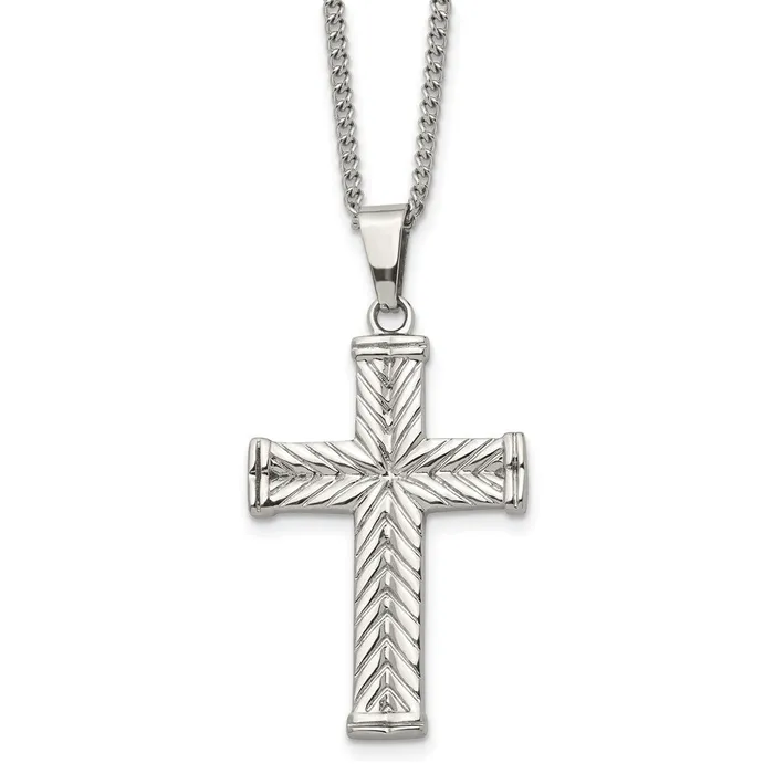 Chisel Stainless Steel Polished and Textured Cross Pendant on a 22 inch Curb Chain Necklace TreasureFineJewelers Necklaces Chisel Stainless Steel Polished and Textured Cross Pendant on a 22 inch Curb Chain Necklace TreasureFineJewelers Necklaces