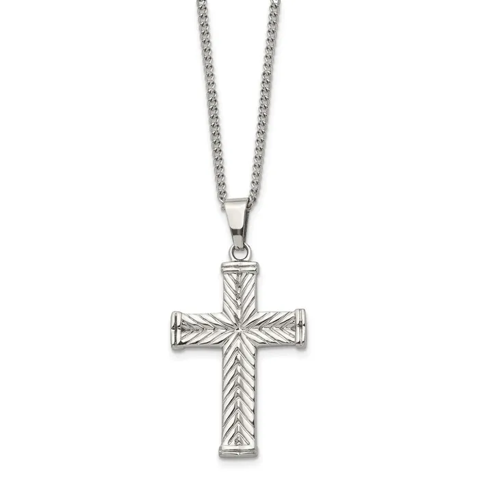 Chisel Stainless Steel Polished and Textured Cross Pendant on a 22 inch Curb Chain Necklace TreasureFineJewelers Necklaces