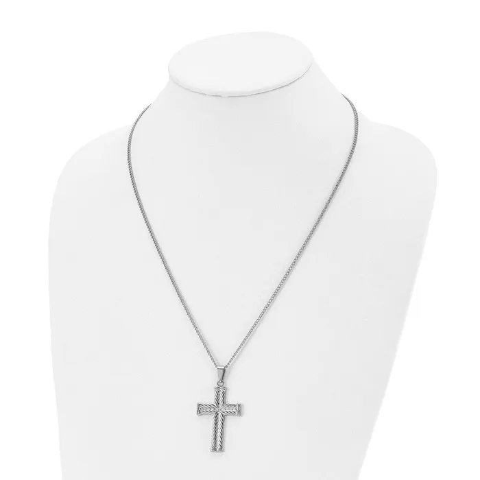 Chisel Stainless Steel Polished and Textured Cross Pendant on a 22 inch Curb Chain Necklace TreasureFineJewelers Necklaces