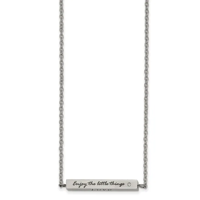 Necklaces Stainless Steel Polished wCZ ENJOY 16in w2in ext Bar Necklace TreasureFineJewelers