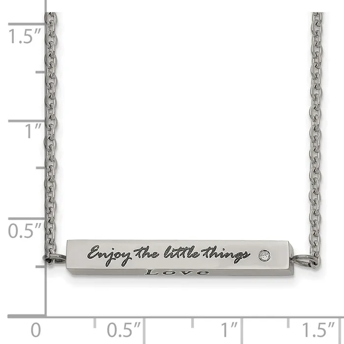 Necklaces Stainless Steel Polished wCZ ENJOY 16in w2in ext Bar Necklace TreasureFineJewelers