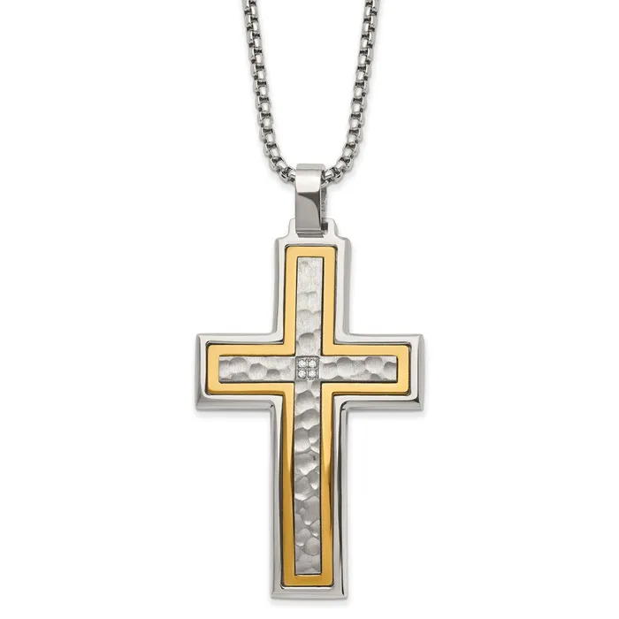 Necklaces TreasureFineJewelers Chisel Stainless Steel Brushed and Polished Yellow IPplated with CZ Cross Pendant on a 24 inch Box Chain Necklace Necklaces TreasureFineJewelers Chisel Stainless Steel Brushed and Polished Yellow IPplated with CZ Cross Pendant on a 24 inch Box Chain Necklace