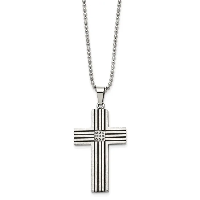 Necklaces TreasureFineJewelers Chisel Stainless Steel Polished Black IPplated 120 carat Black Diamond Striped Cross Pendant on a 22 inch Ball Chain Necklace