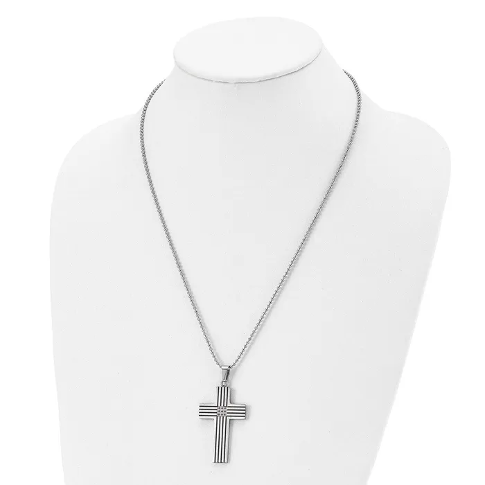 Necklaces TreasureFineJewelers Chisel Stainless Steel Polished Black IPplated 120 carat Black Diamond Striped Cross Pendant on a 22 inch Ball Chain Necklace