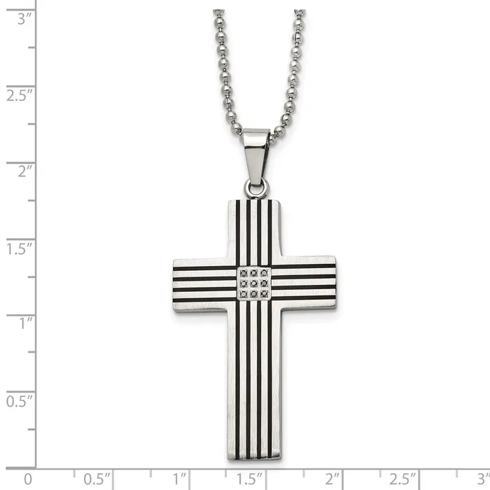 Necklaces TreasureFineJewelers Chisel Stainless Steel Polished Black IPplated 120 carat Black Diamond Striped Cross Pendant on a 22 inch Ball Chain Necklace