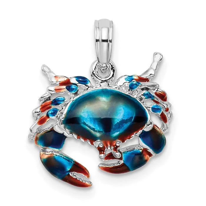 Necklaces TreasureFineJewelers Sterling Silver Polished Enameled Blue Stone Crab Pendant Necklaces TreasureFineJewelers Sterling Silver Polished Enameled Blue Stone Crab Pendant