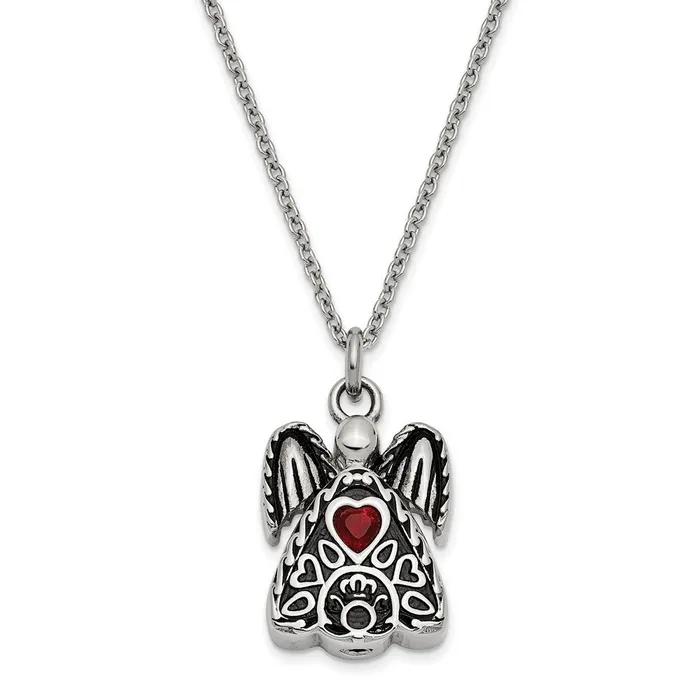 Sentimental Expressions Stainless Steel Dark Red CZ January Birthstone Antiqued Angel Ash Holder 18 inch Necklace TreasureFineJewelers Necklaces Sentimental Expressions Stainless Steel Dark Red CZ January Birthstone Antiqued Angel Ash Holder 18 inch Necklace TreasureFineJewelers Necklaces