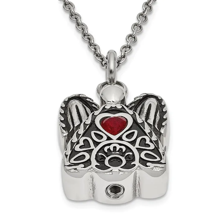 Sentimental Expressions Stainless Steel Dark Red CZ January Birthstone Antiqued Angel Ash Holder 18 inch Necklace TreasureFineJewelers Necklaces