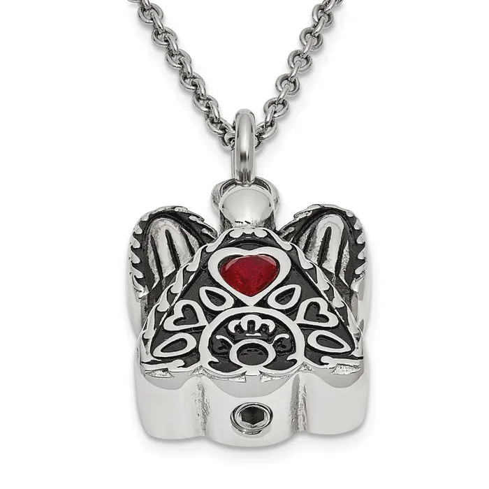 Sentimental Expressions Stainless Steel Dark Red CZ January Birthstone Antiqued Angel Ash Holder 18 inch Necklace TreasureFineJewelers Necklaces
