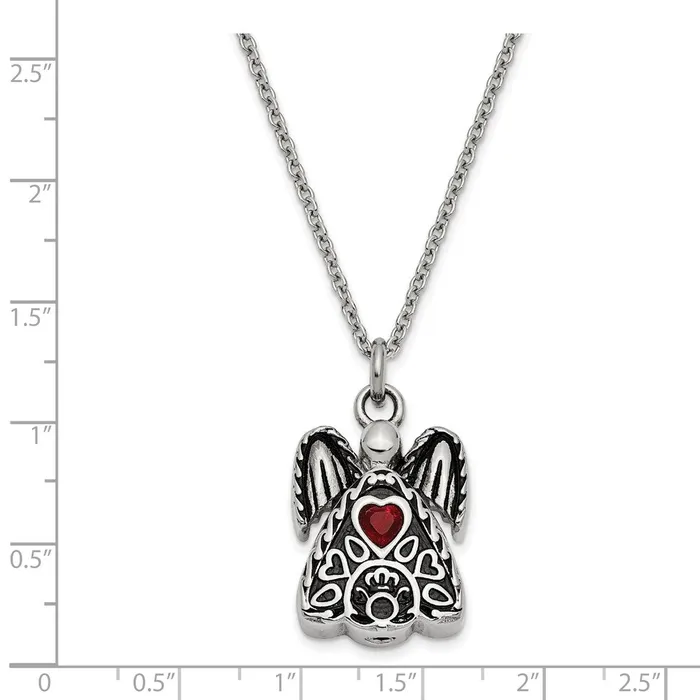Sentimental Expressions Stainless Steel Dark Red CZ January Birthstone Antiqued Angel Ash Holder 18 inch Necklace TreasureFineJewelers Necklaces