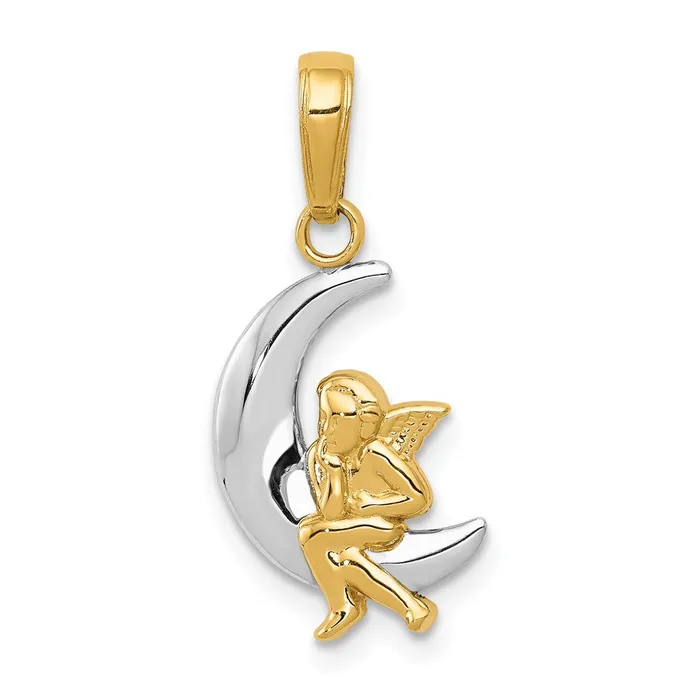 TreasureFineJewelers 14k and Rhodium Polished Moon w Angel Pendant Necklaces TreasureFineJewelers 14k and Rhodium Polished Moon w Angel Pendant Necklaces
