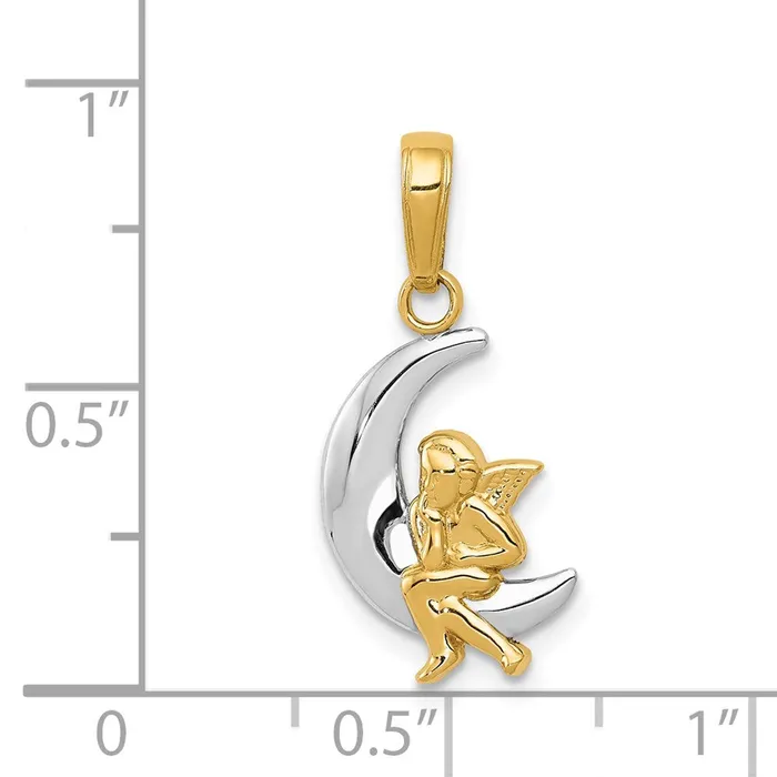 TreasureFineJewelers 14k and Rhodium Polished Moon w Angel Pendant Necklaces