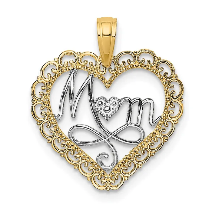 TreasureFineJewelers Charm Necklaces 14k wRhodium CutOut MOM In Scallop Heart Charm