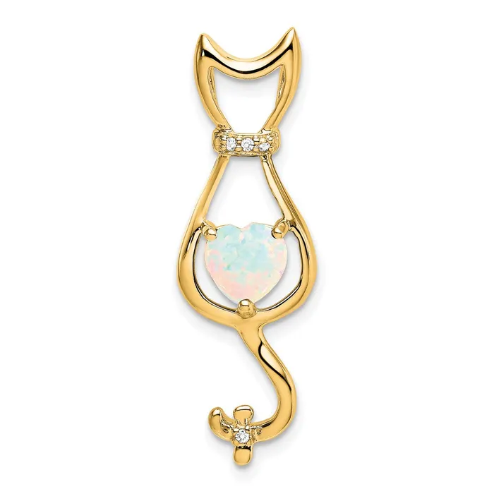 TreasureFineJewelers Necklaces 14k Created Opal and Diamond Cat Pendant