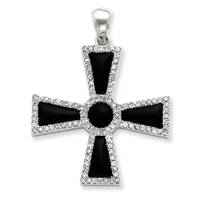TreasureFineJewelers Necklaces Sterling Silver CZ Onyx Cross Pendant