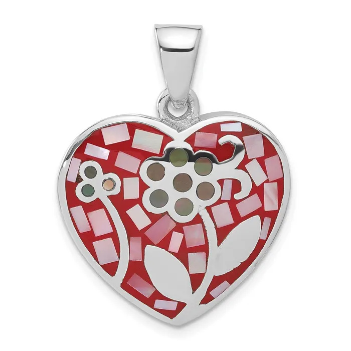 TreasureFineJewelers Necklaces Sterling Silver Multicolored Stone Inlay Flower Heart Pendant TreasureFineJewelers Necklaces Sterling Silver Multicolored Stone Inlay Flower Heart Pendant