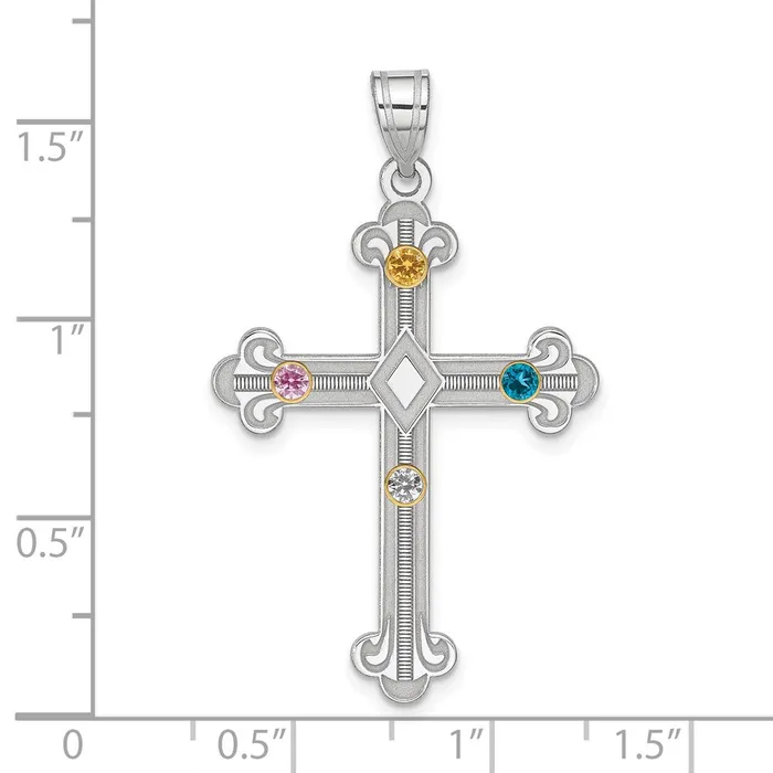 TreasureFineJewelers Necklaces Sterling Silver Rhplt18k Bezel Crystal Family Cross Pendant