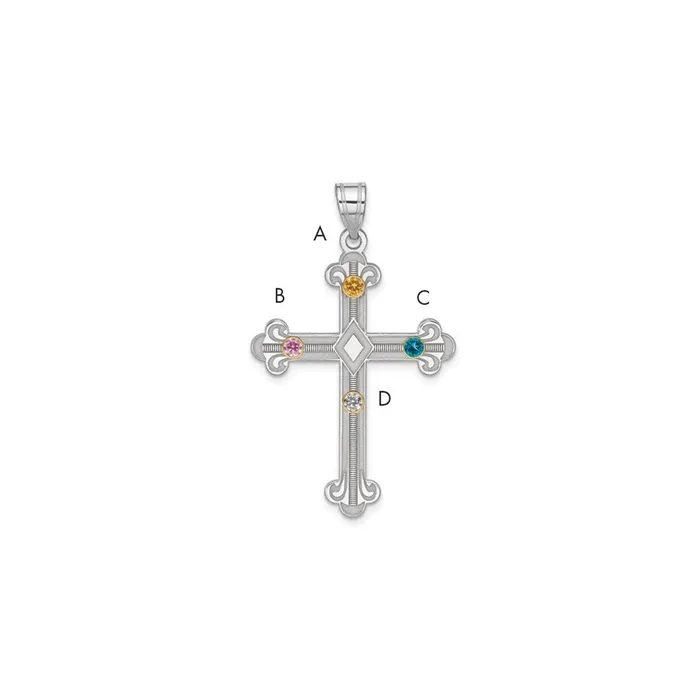 TreasureFineJewelers Necklaces Sterling Silver Rhplt18k Bezel Crystal Family Cross Pendant