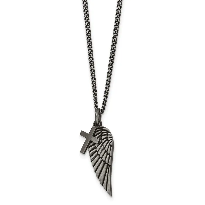TreasureFineJewelers Stainless Steel Antiqued Wing and Cross 1975in w2in ext Necklace Necklaces TreasureFineJewelers Stainless Steel Antiqued Wing and Cross 1975in w2in ext Necklace Necklaces