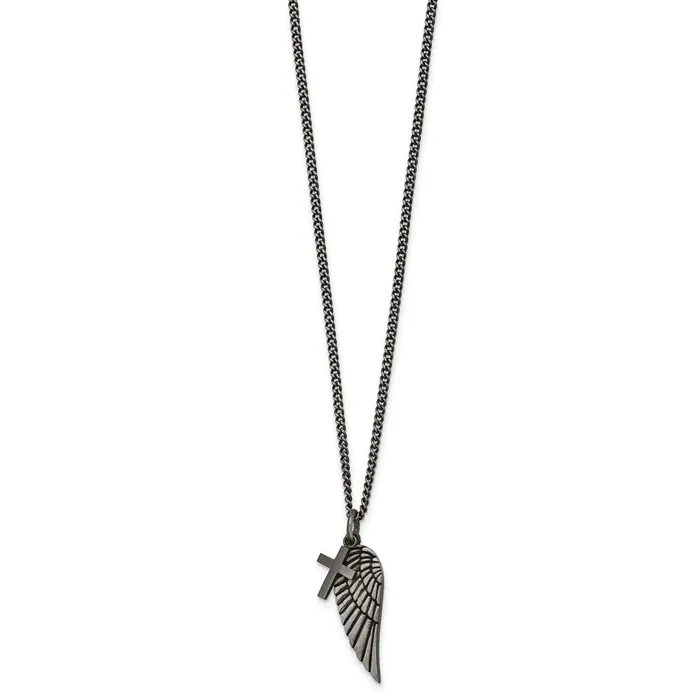 TreasureFineJewelers Stainless Steel Antiqued Wing and Cross 1975in w2in ext Necklace Necklaces