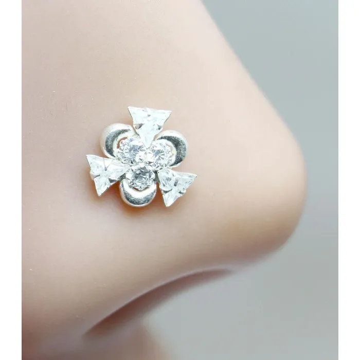 Karizma Jewels Rings Ethnic Indian 925 Sterling Silver White CZ Indian Nose ring Push Pin