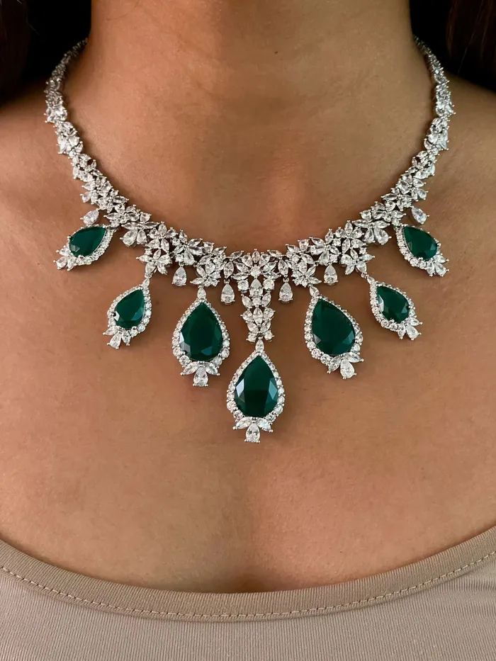 Necklaces 7 Drop Emerald Dimonte Necklace Set PRERTO ECOMMERCE PRIVATE LIMITED Necklaces 7 Drop Emerald Dimonte Necklace Set PRERTO ECOMMERCE PRIVATE LIMITED