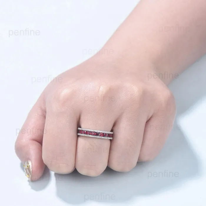 PENFINE Rings Vintage Garnet Wedding Band Full Eternity Princess Cut White gold Wedding Ring Unique Stacking January Birthstone Anniversary band gift PENFINE Rings Vintage Garnet Wedding Band Full Eternity Princess Cut White gold Wedding Ring Unique Stacking January Birthstone Anniversary band gift