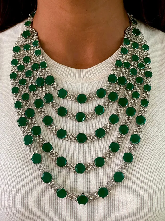 PRERTO ECOMMERCE PRIVATE LIMITED Necklaces 5 Layer Hexagon Emerald Dimonte Necklace Set Necklace Earrings PRERTO ECOMMERCE PRIVATE LIMITED Necklaces 5 Layer Hexagon Emerald Dimonte Necklace Set Necklace Earrings