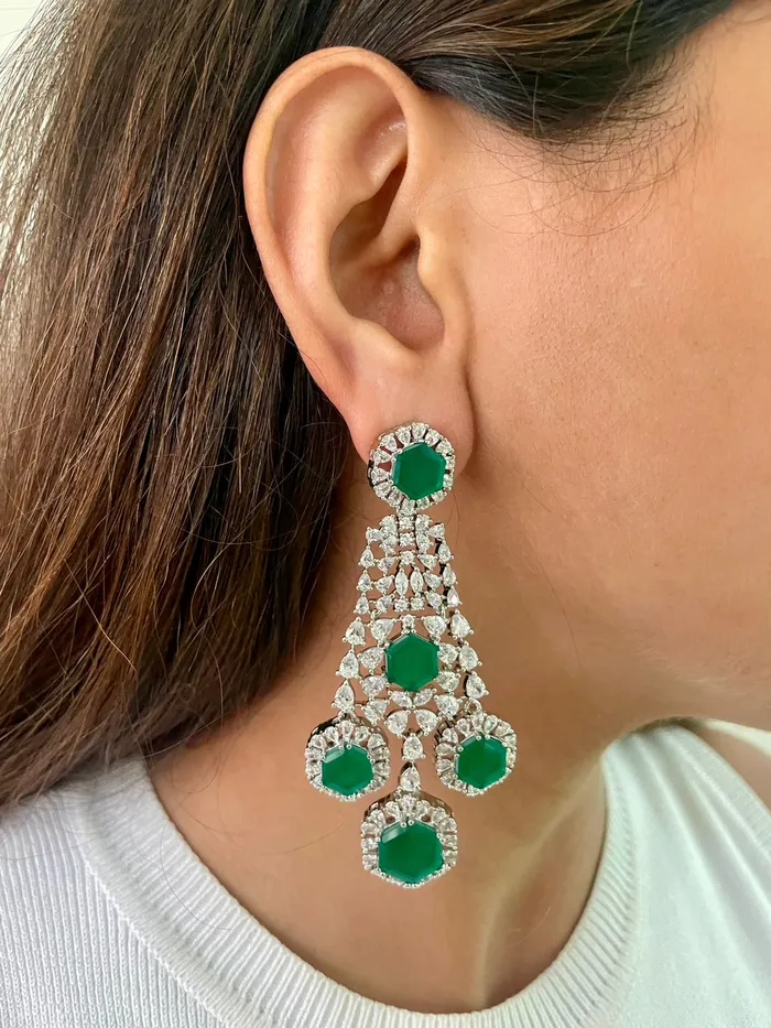 PRERTO ECOMMERCE PRIVATE LIMITED Necklaces 5 Layer Hexagon Emerald Dimonte Necklace Set Necklace Earrings