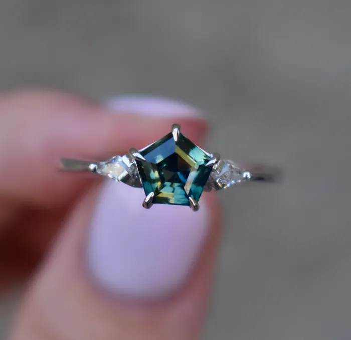 Albrecht Jewellery Rings Geometric Pentagon Sapphire Ring w Moissanites 14K White Gold