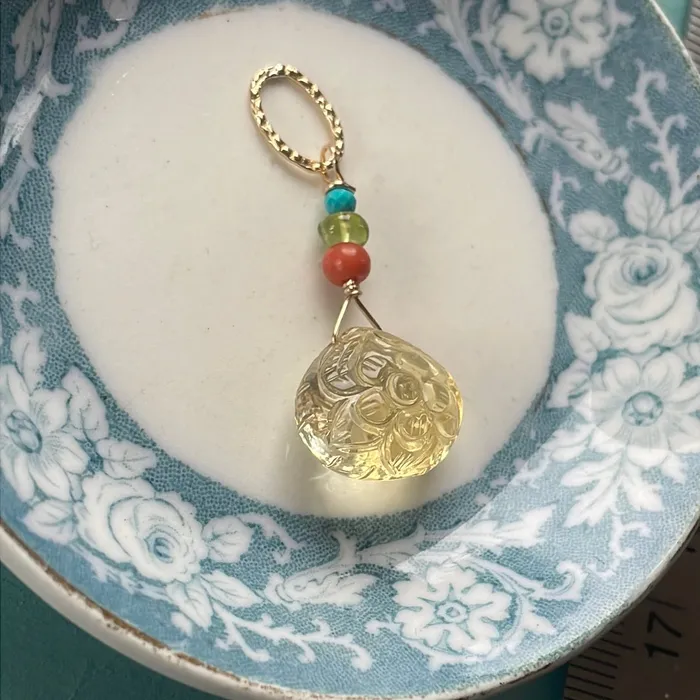 Love Vintage Paris Necklaces Carved Citrine Flower Necklace Coral Peridot Turquoise Gold Filled Handmade