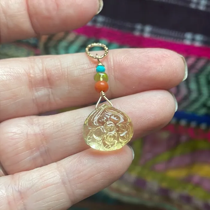 Love Vintage Paris Necklaces Carved Citrine Flower Necklace Coral Peridot Turquoise Gold Filled Handmade