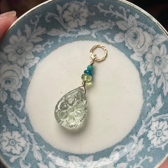 Necklaces Love Vintage Paris Carved Green Amethyst Flower Pendant Peridot Apatite and Turquoise Gold Filled Handmade