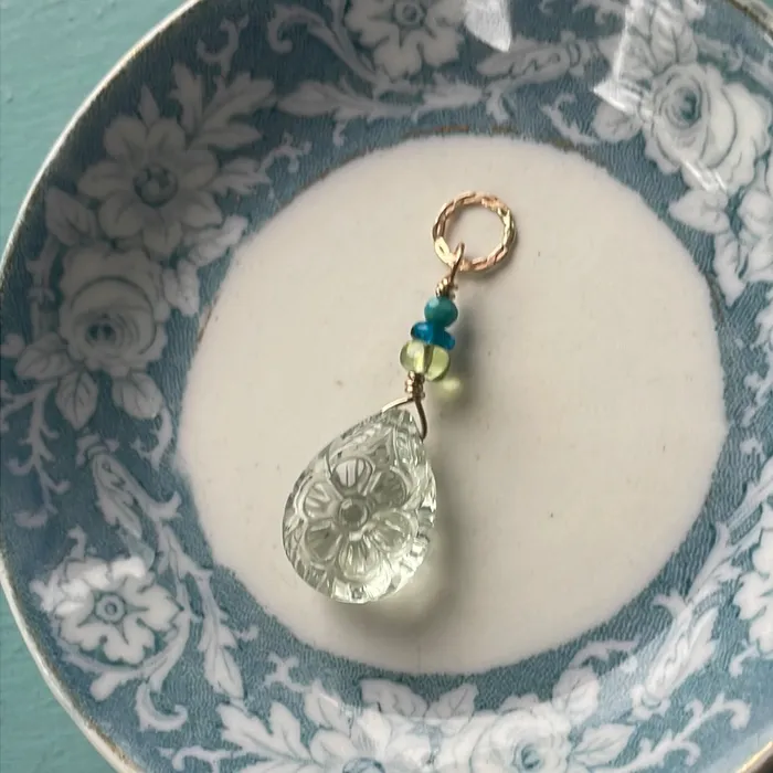 Necklaces Love Vintage Paris Carved Green Amethyst Flower Pendant Peridot Apatite and Turquoise Gold Filled Handmade