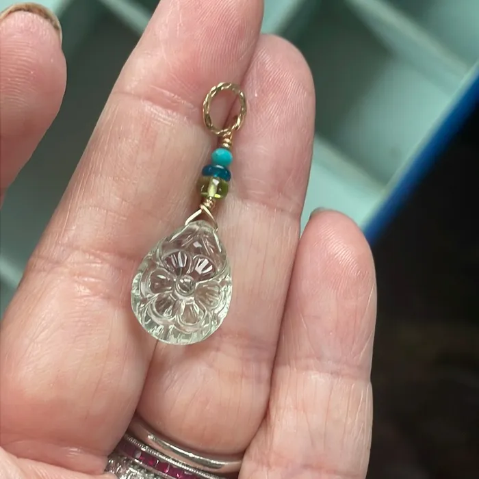 Necklaces Love Vintage Paris Carved Green Amethyst Flower Pendant Peridot Apatite and Turquoise Gold Filled Handmade